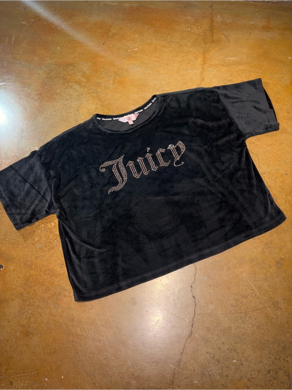 Juicy Couture Black Velour Rhinestone Juicy Logo Crop Tee